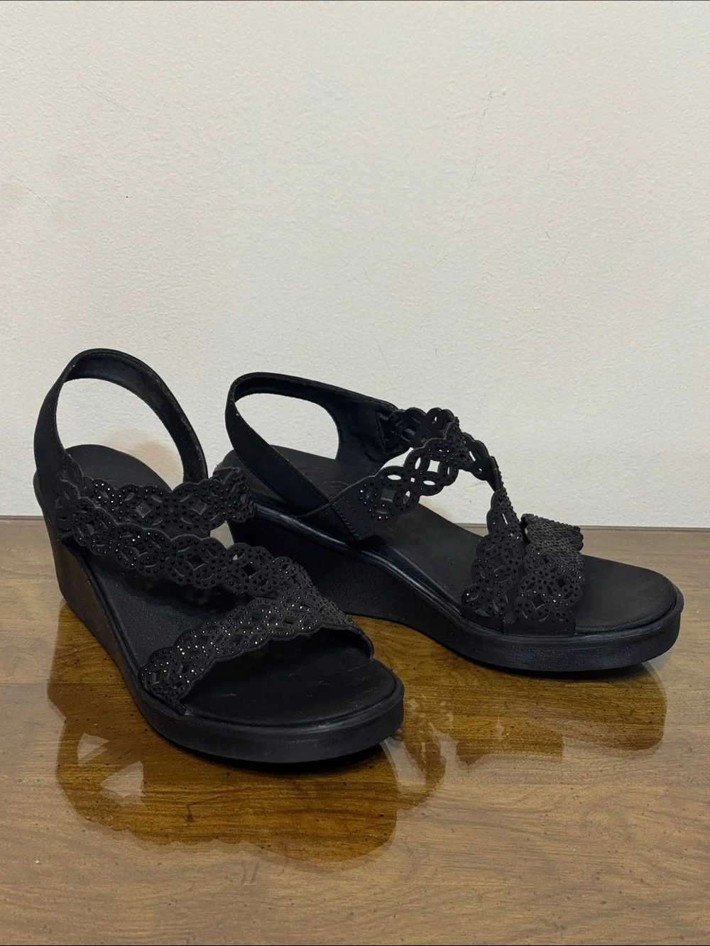 Skechers Women's Black Crochet-Strap Wedge Sandals